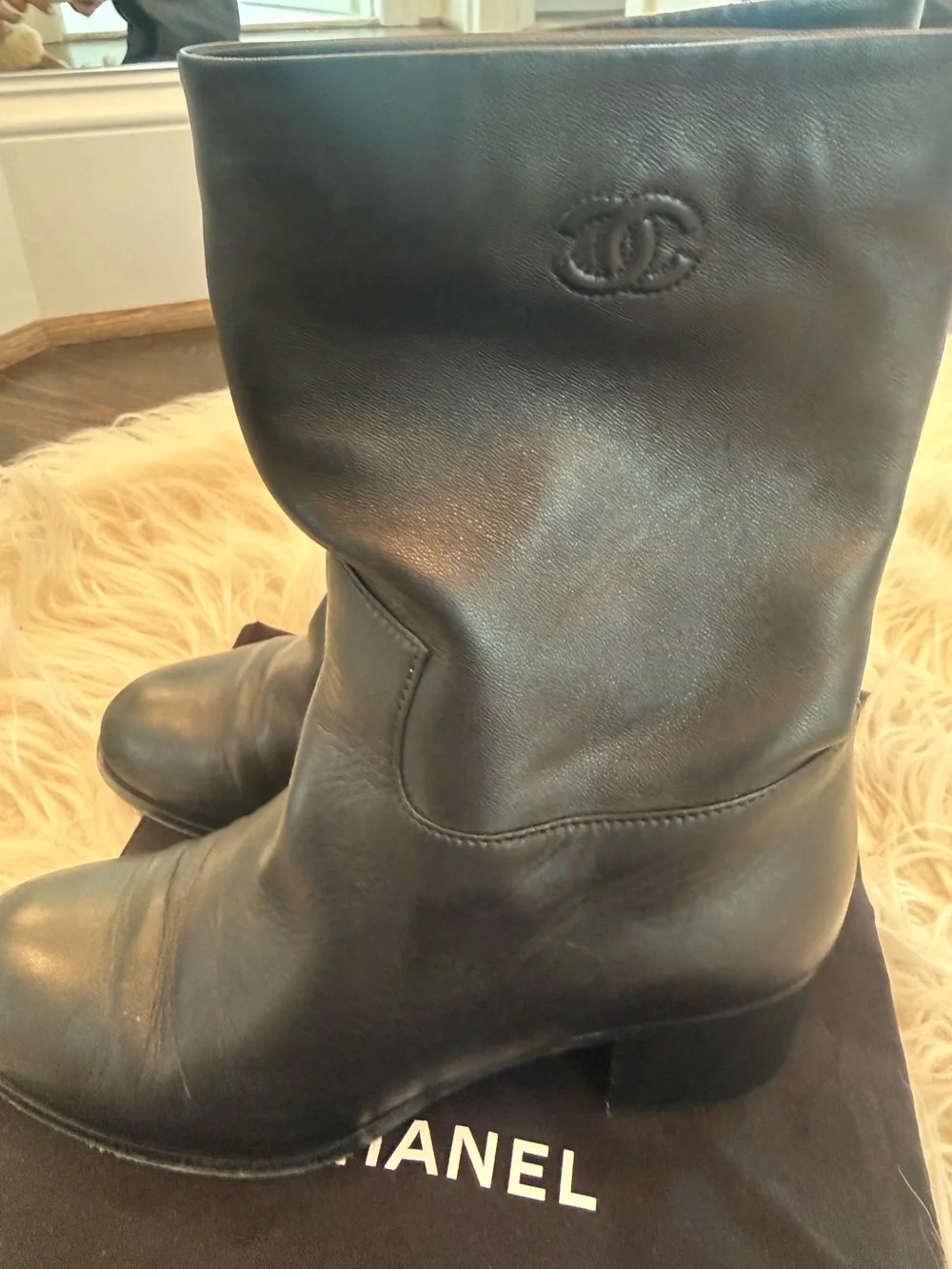CHANEL Black Leather Mid-Calf Block Heel Boots